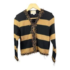VINTAGE LIZ SHELDON Women’s Knit Zip Front Striped Cardigan Black/Tan Size Small
